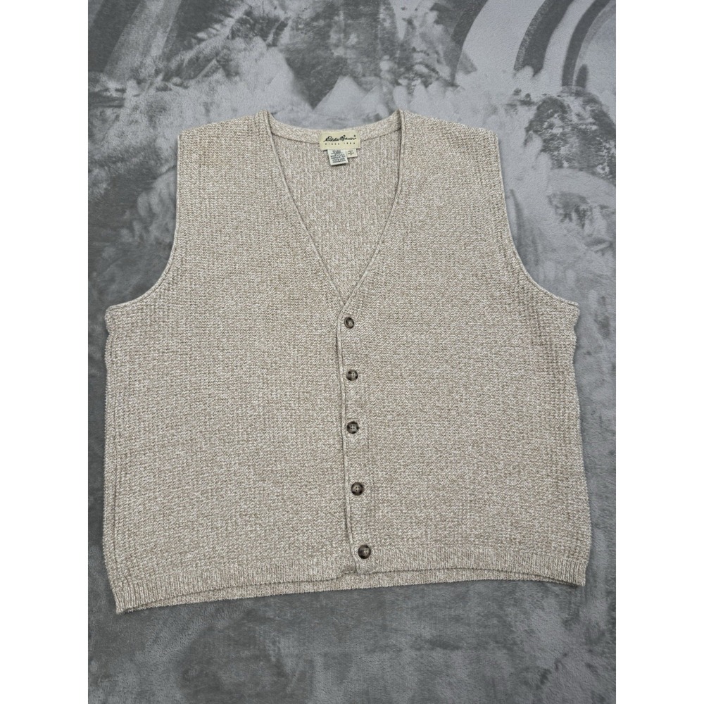 Vintage Eddie Bauer Sweater Vest Mens Medium Knit Beige Cardigan 90s Y2K Grandpa